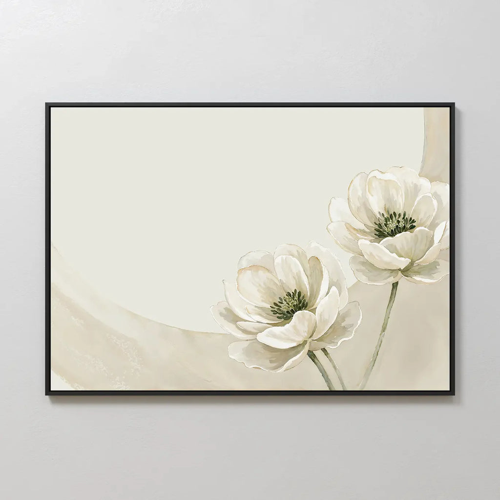 Whispers of Dawn Bloom – beige and white botanical canvas wall art print by Aspire Prints