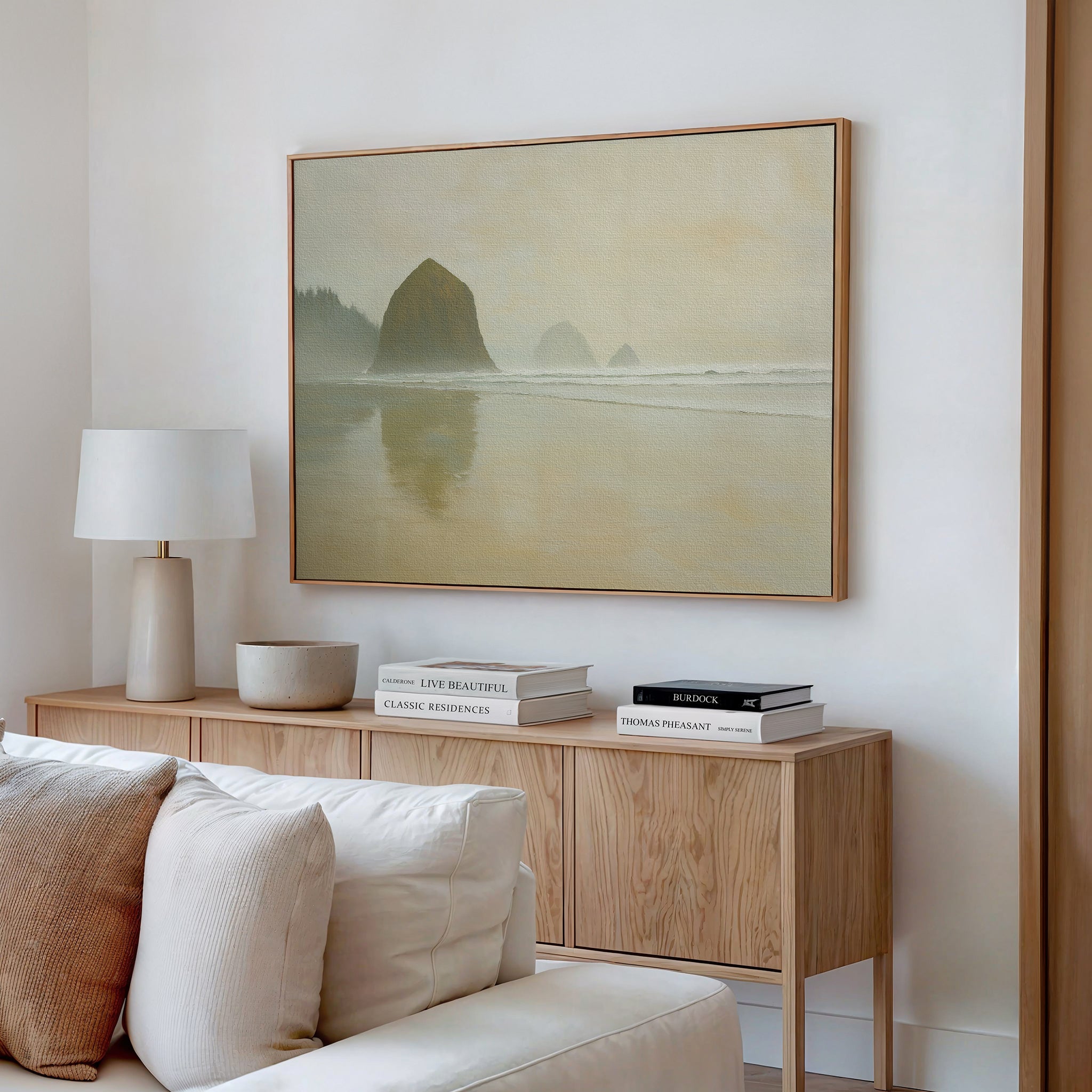 Whispers of Haystack Rock – green vintage canvas wall art print by Aspire Prints