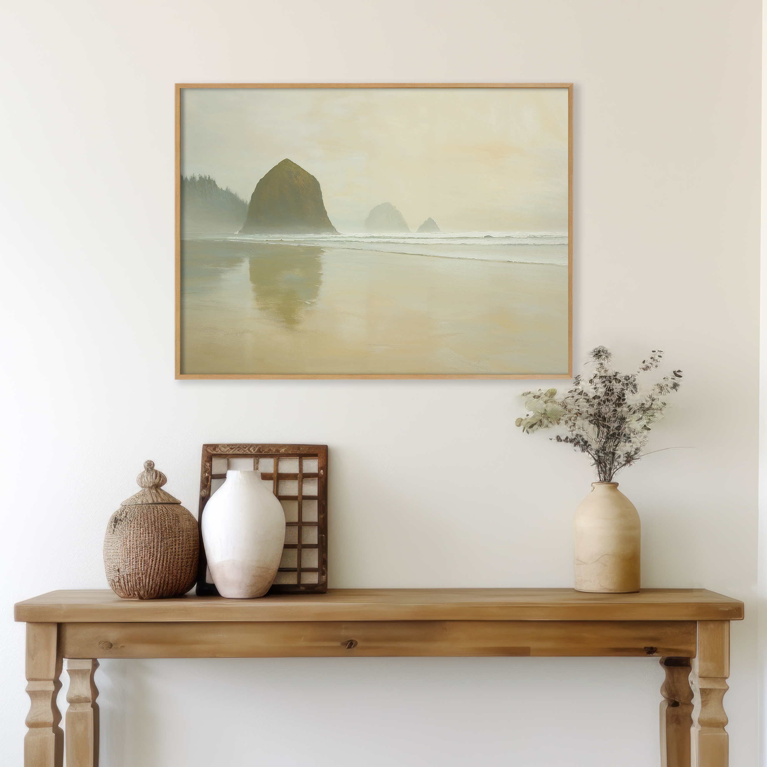 Whispers of Haystack Rock – green vintage canvas wall art print by Aspire Prints