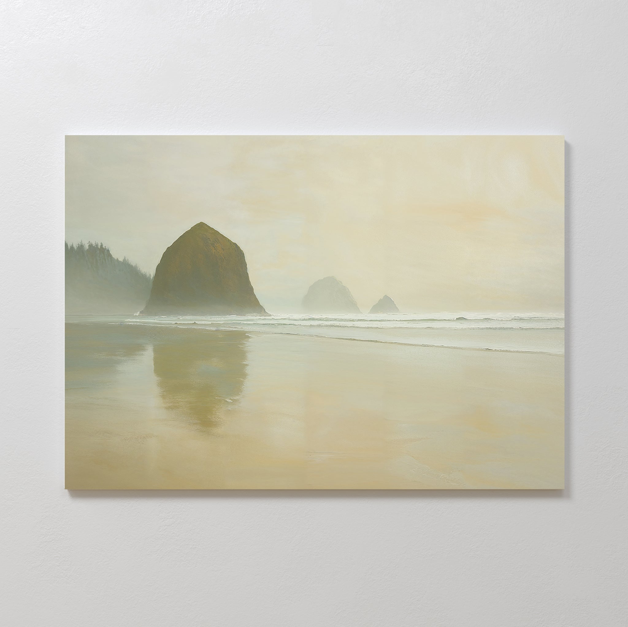 Whispers of Haystack Rock – green vintage canvas wall art print by Aspire Prints