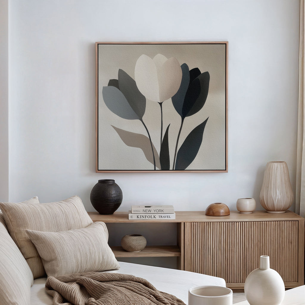 Whispered Bloom in Soft Light – black botanical canvas wall art print by Aspire Prints