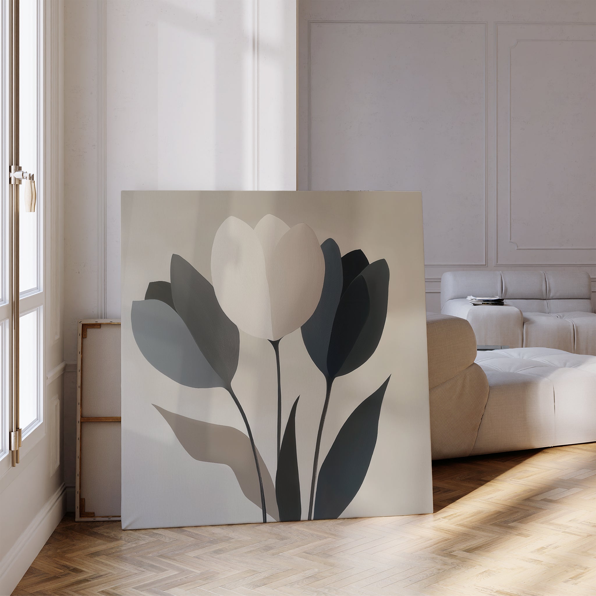 Whispered Bloom in Soft Light – black botanical canvas wall art print by Aspire Prints