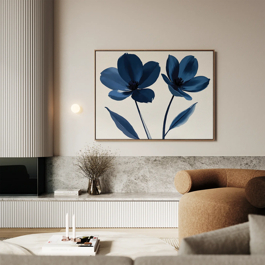 Velvet Petal Hush – blue botanical canvas wall art print by Aspire Prints
