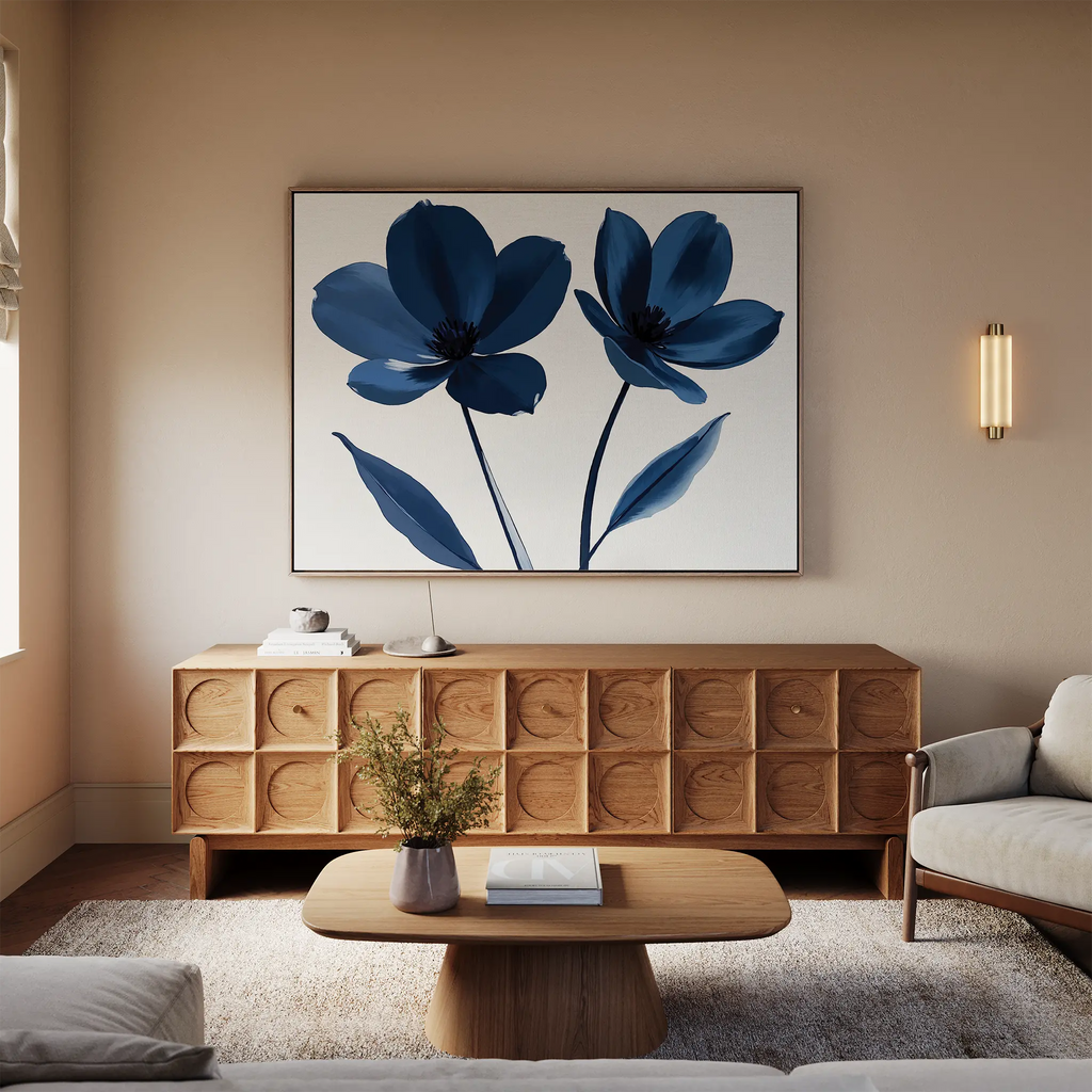 Velvet Petal Hush – blue botanical canvas wall art print by Aspire Prints