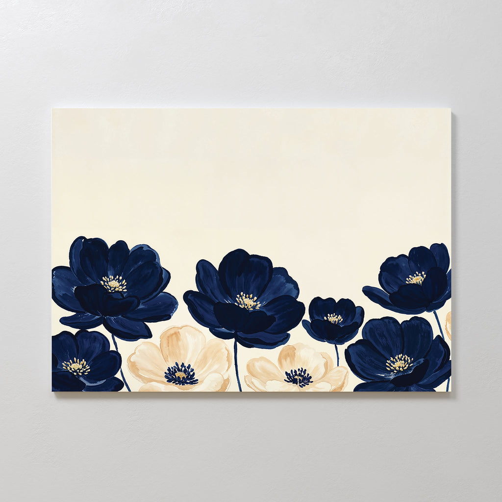 Midnight Bloom Whisper – blue botanical canvas wall art print by Aspire Prints