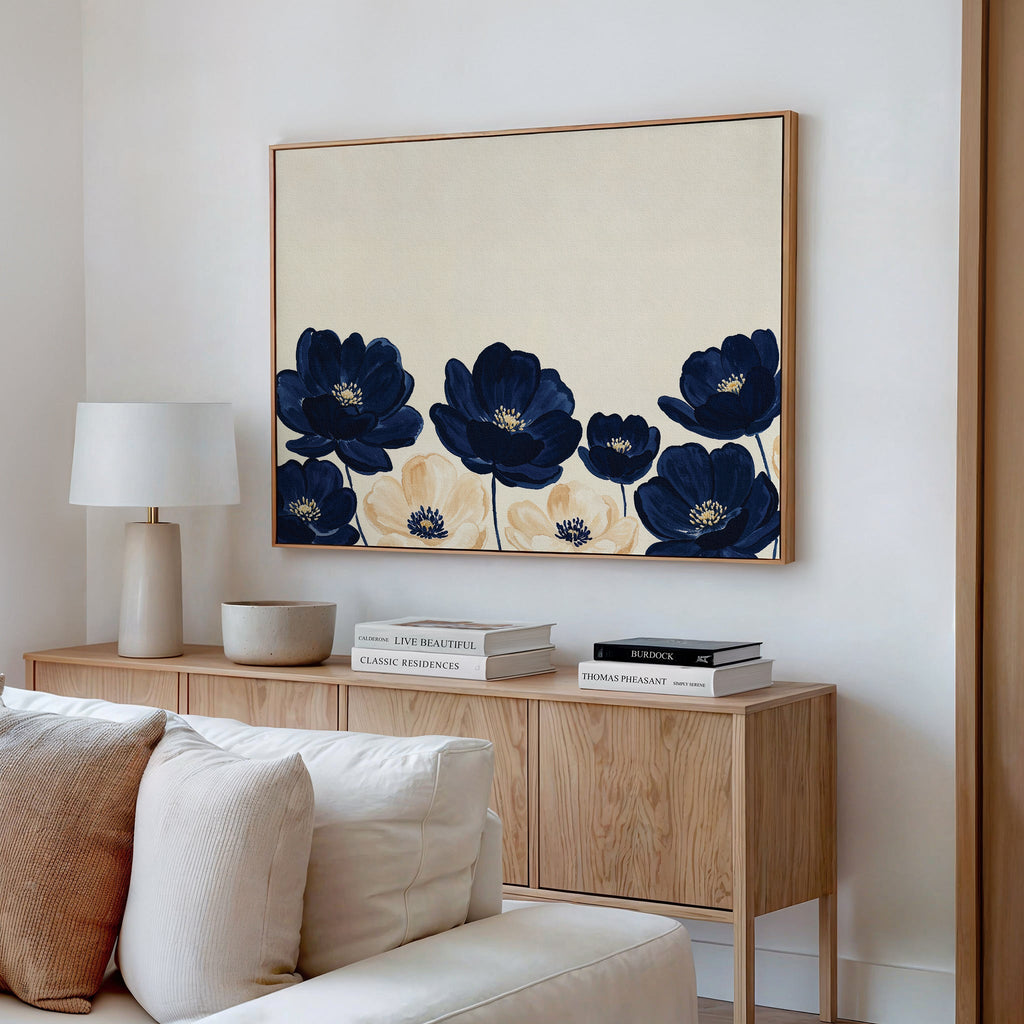 Midnight Bloom Whisper – blue botanical canvas wall art print by Aspire Prints