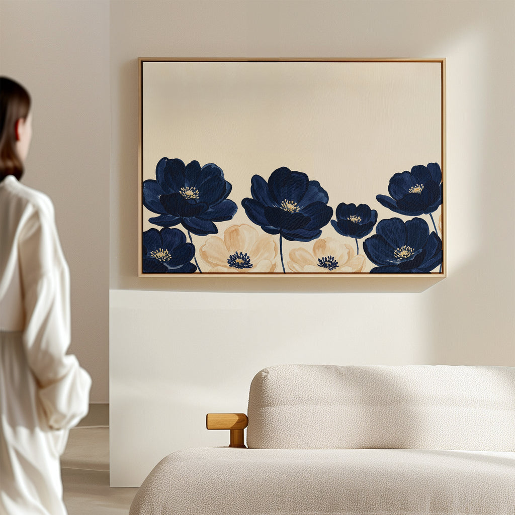Midnight Bloom Whisper – blue botanical canvas wall art print by Aspire Prints
