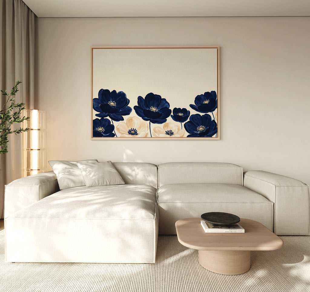 Midnight Bloom Whisper – blue botanical canvas wall art print by Aspire Prints