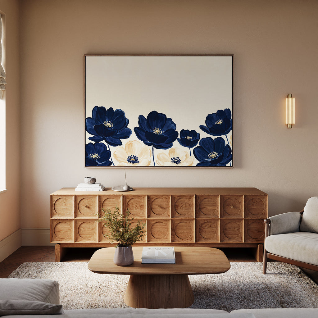 Midnight Bloom Whisper – blue botanical canvas wall art print by Aspire Prints