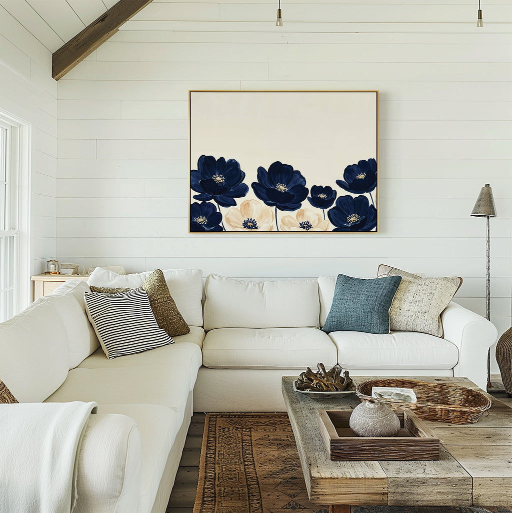 Midnight Bloom Whisper – blue botanical canvas wall art print by Aspire Prints