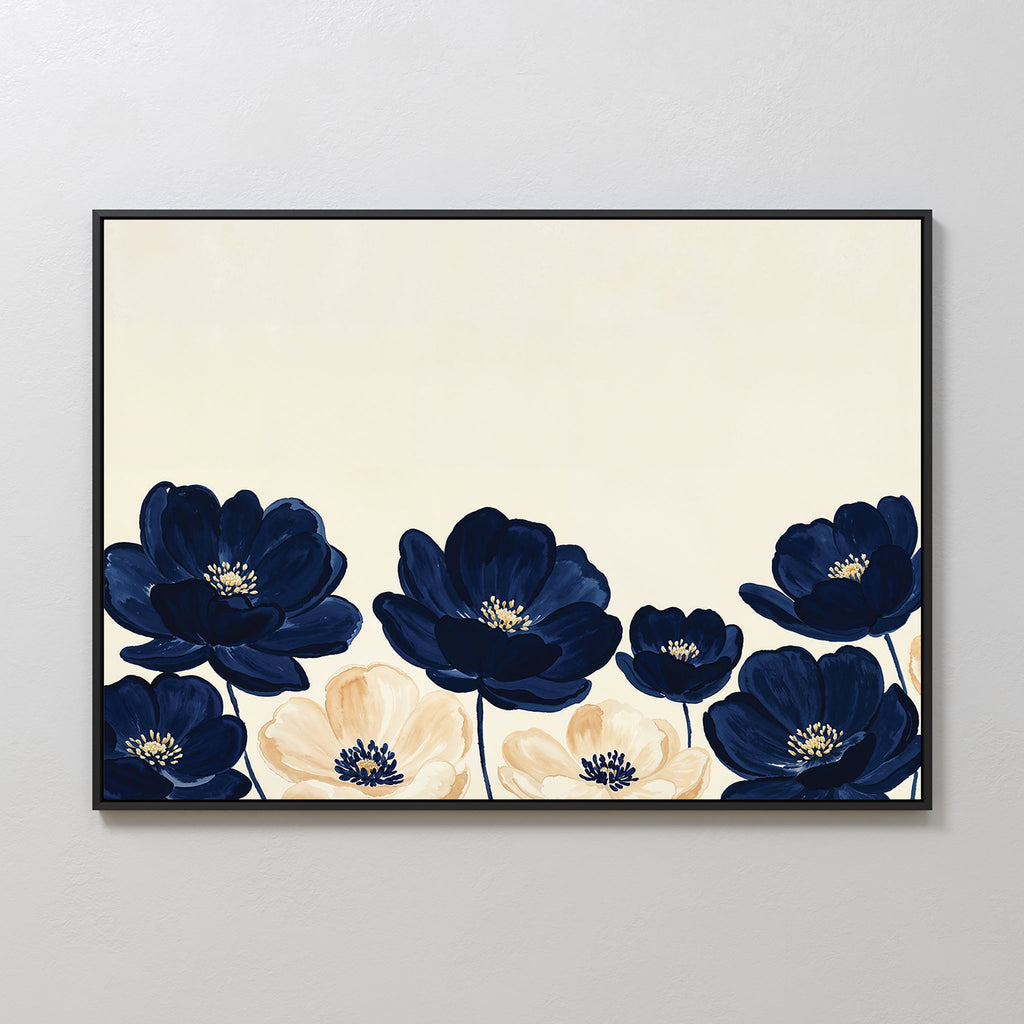 Midnight Bloom Whisper – blue botanical canvas wall art print by Aspire Prints