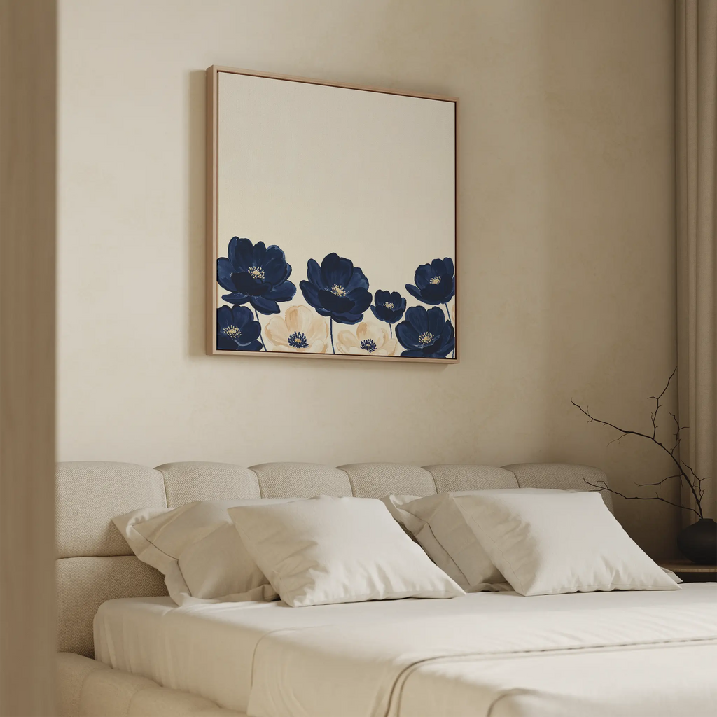 Midnight Bloom Whisper – blue botanical canvas wall art print by Aspire Prints