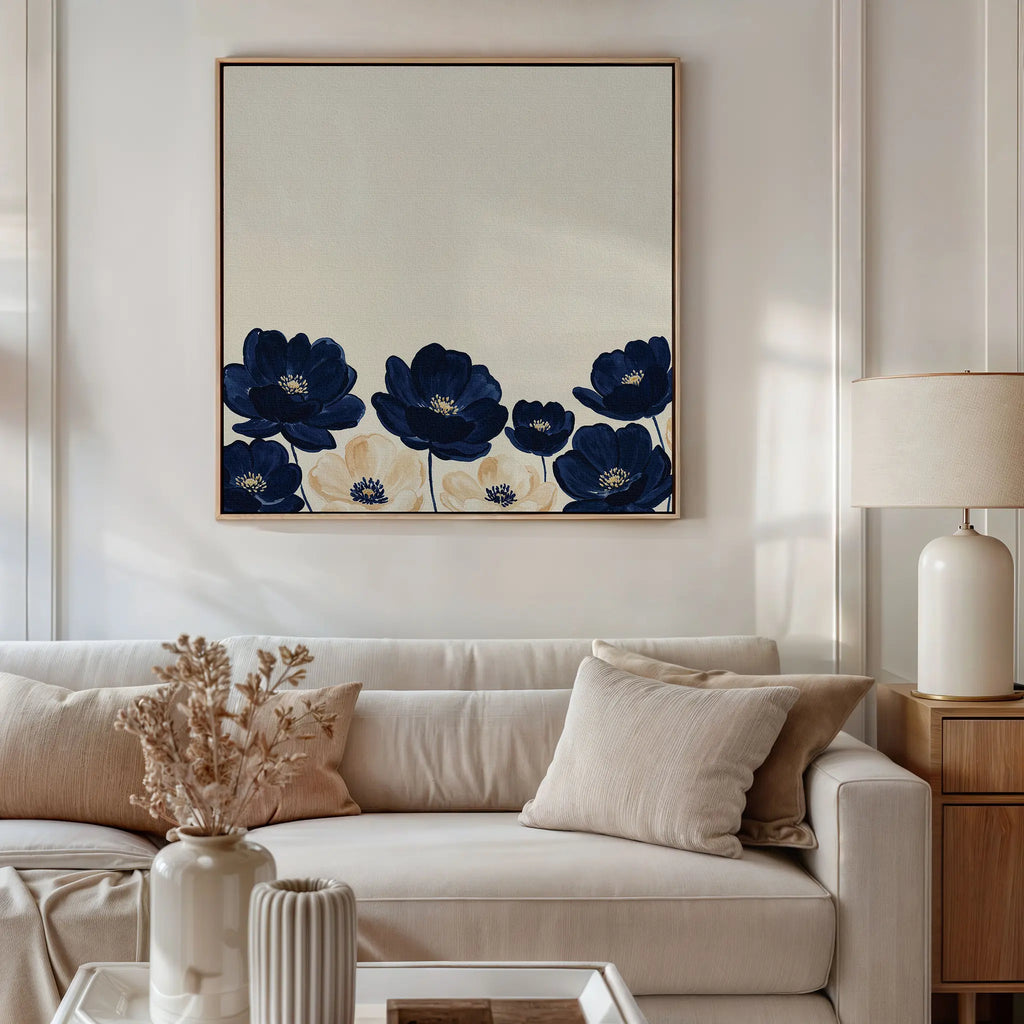 Midnight Bloom Whisper – blue botanical canvas wall art print by Aspire Prints