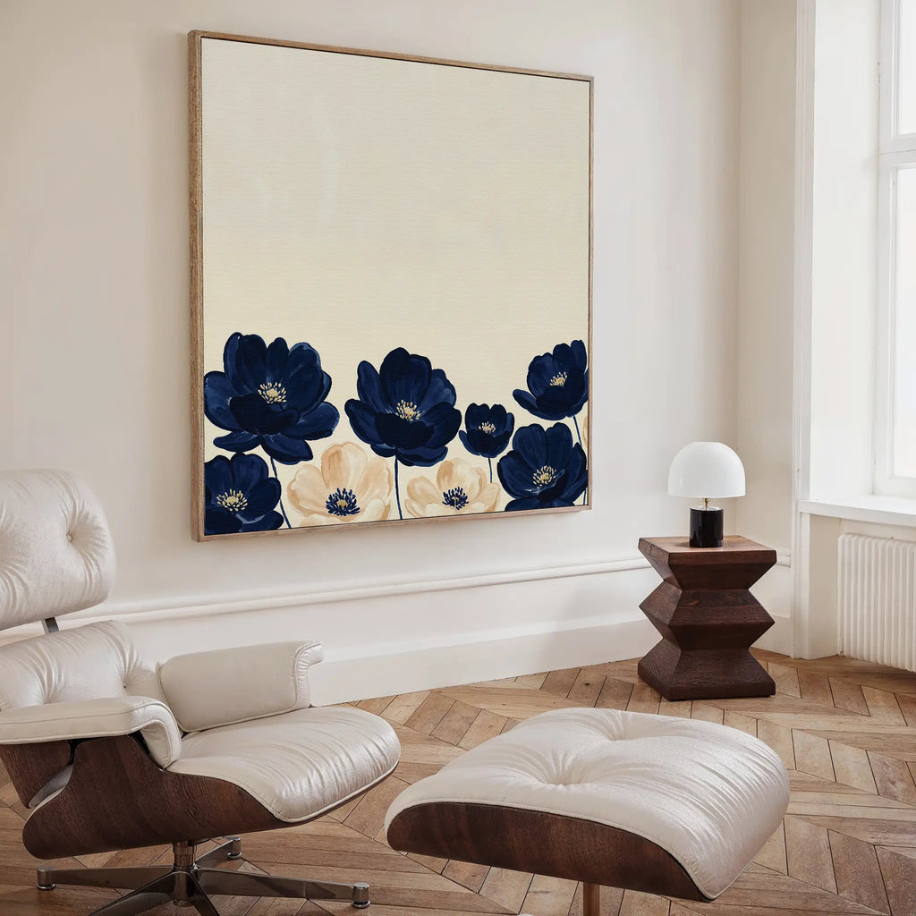 Midnight Bloom Whisper – blue botanical canvas wall art print by Aspire Prints