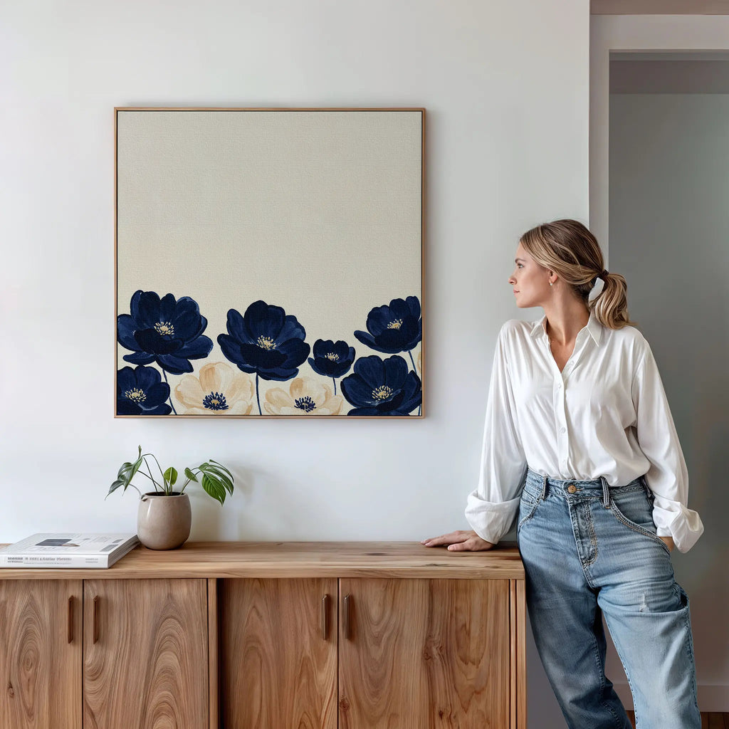 Midnight Bloom Whisper – blue botanical canvas wall art print by Aspire Prints