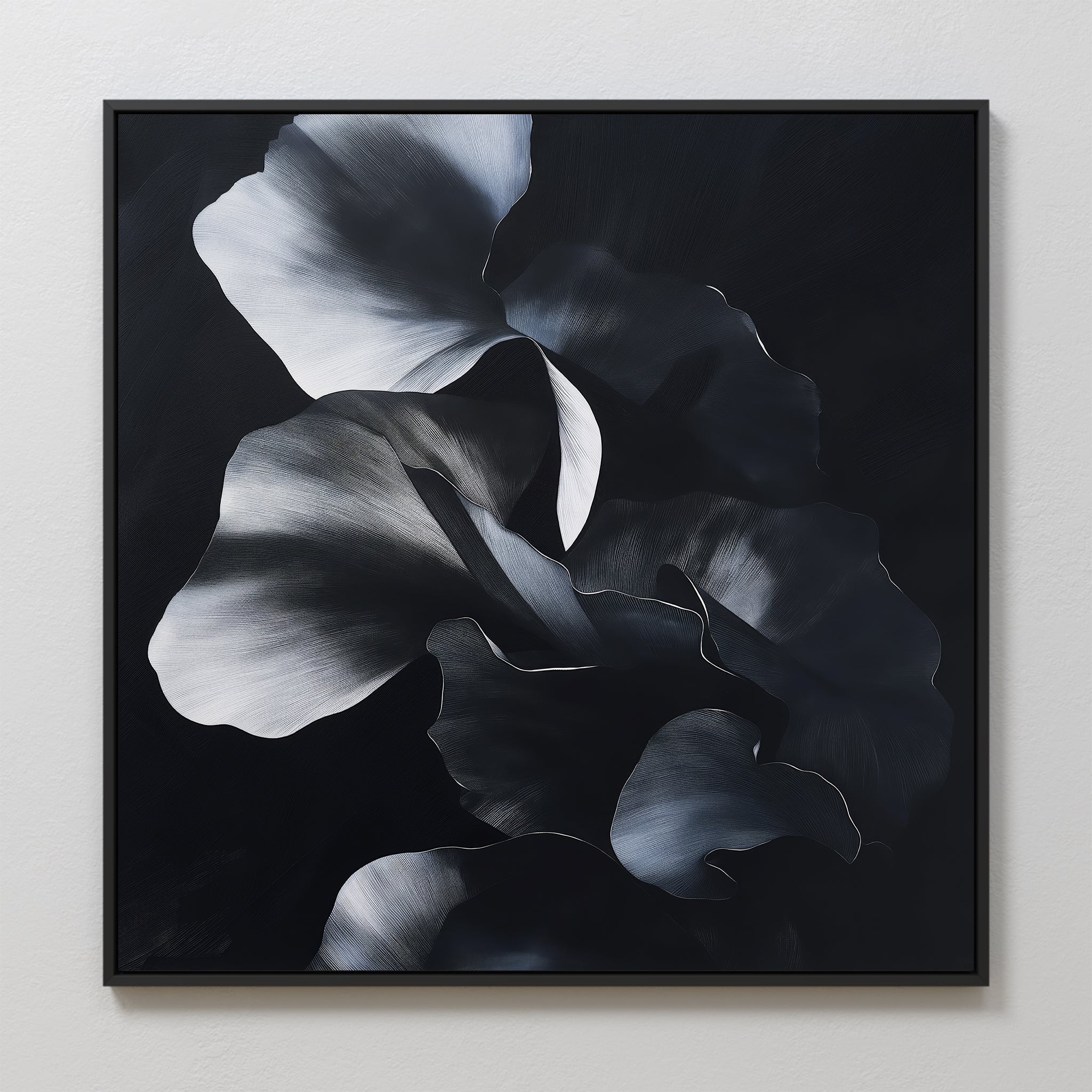 Midnight Petals in Shadow – black and white botanical canvas wall art print by Aspire Prints