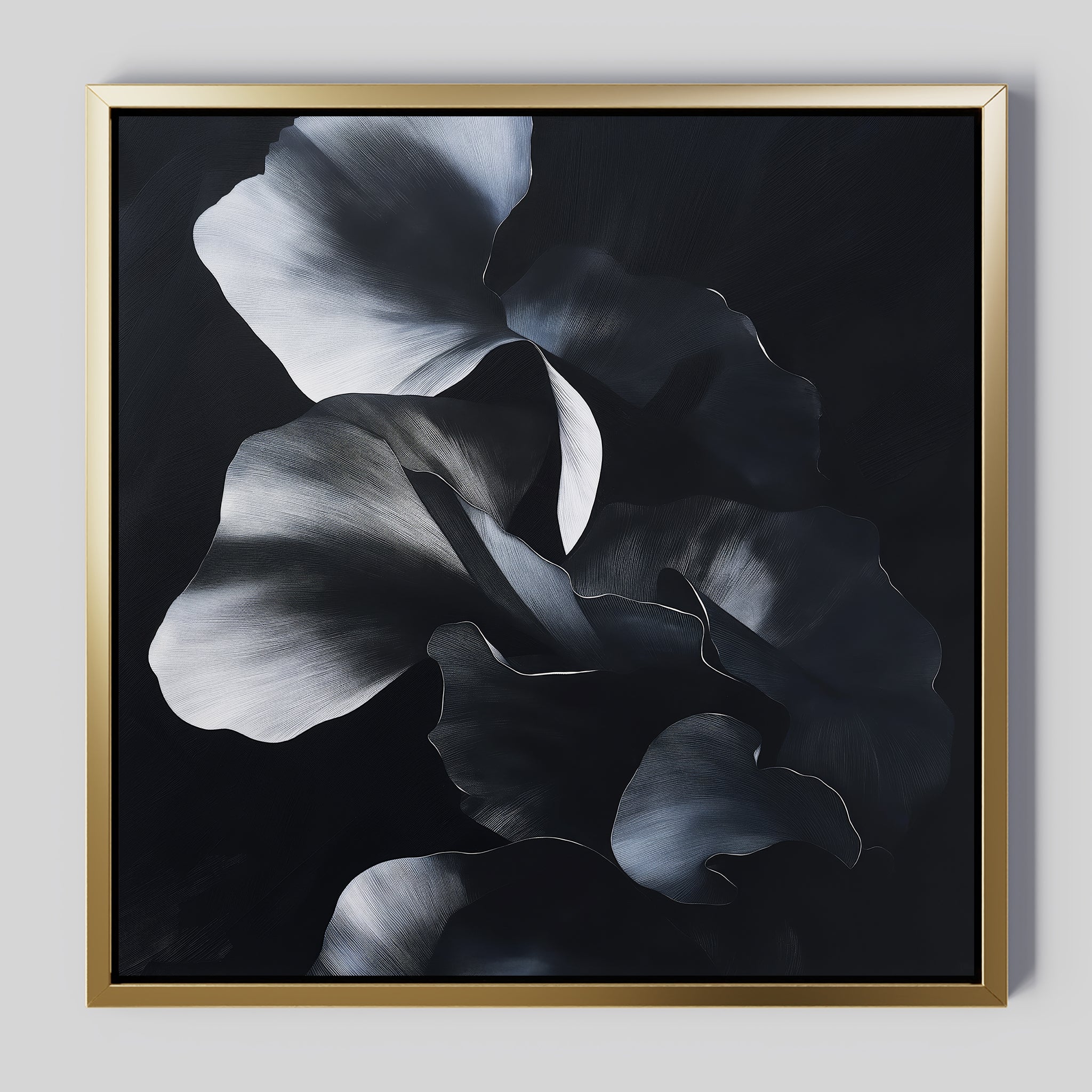 Midnight Petals in Shadow – black and white botanical canvas wall art print by Aspire Prints