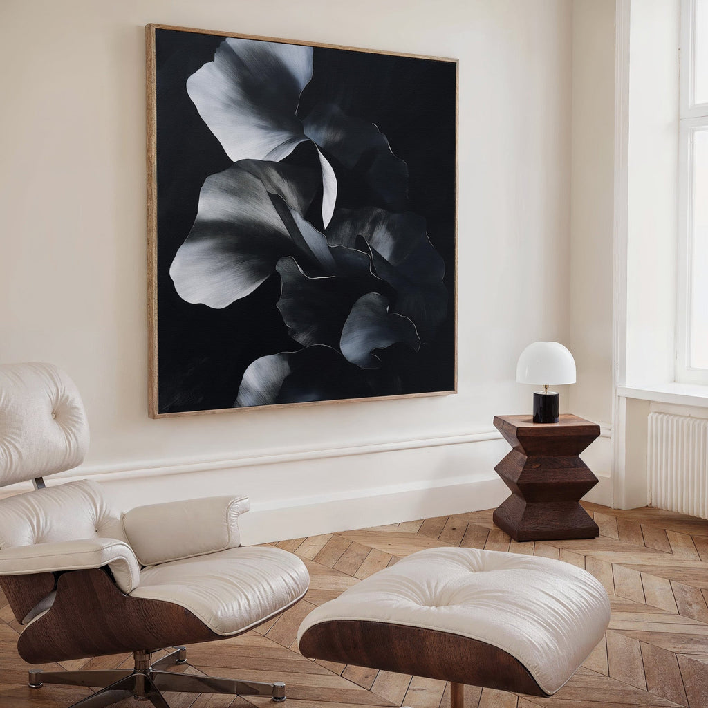 Midnight Petals in Shadow – black and white botanical canvas wall art print by Aspire Prints