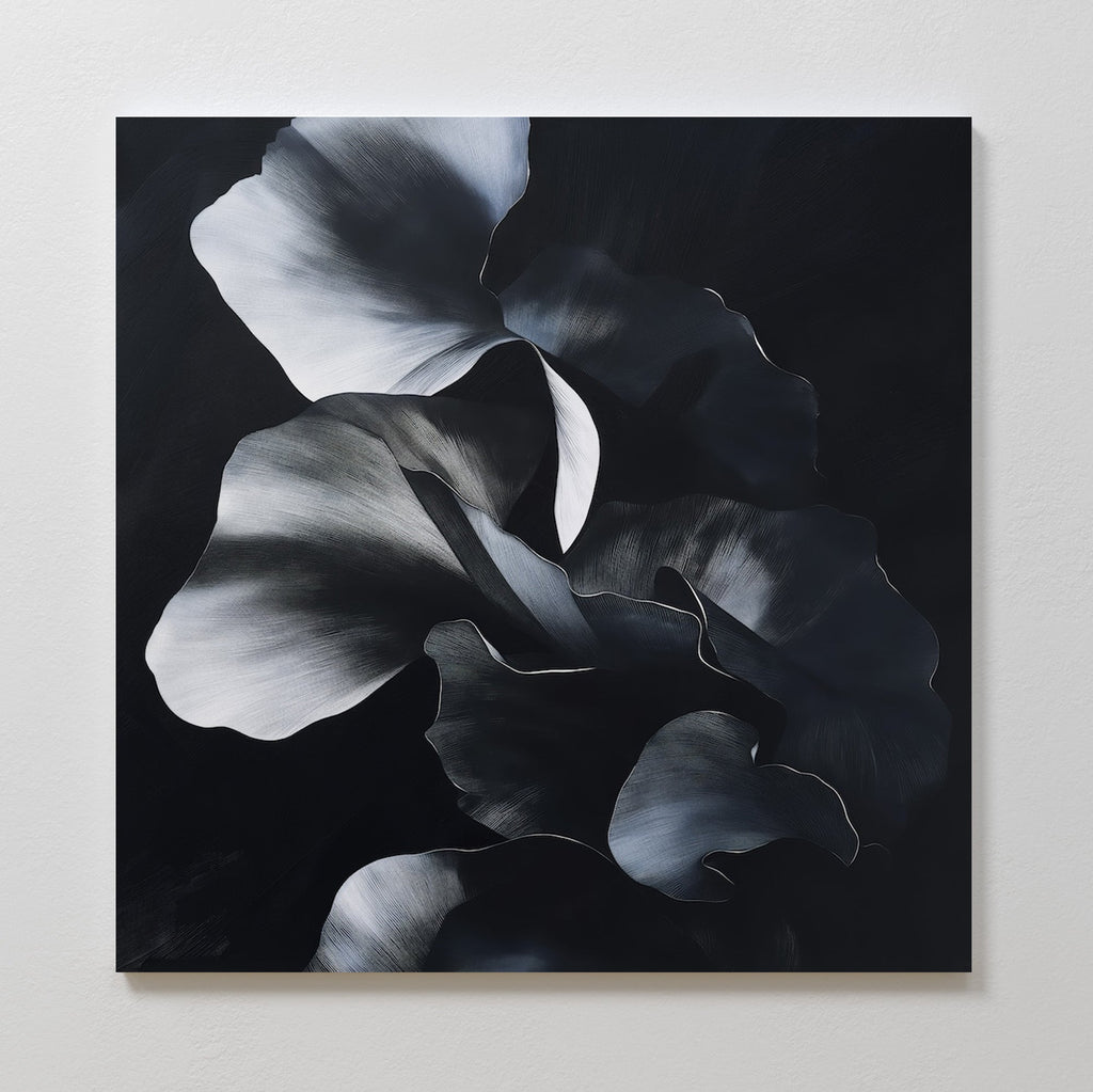 Midnight Petals in Shadow – black and white botanical canvas wall art print by Aspire Prints