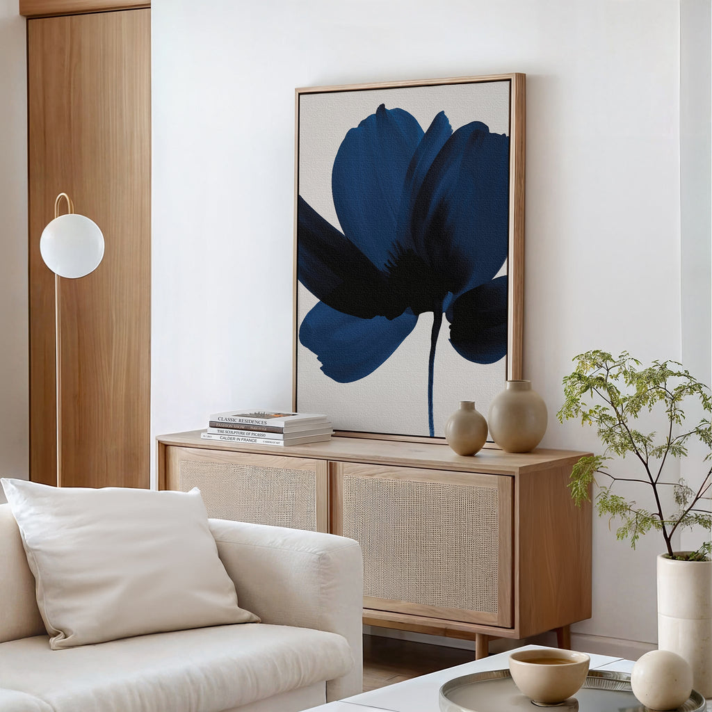 Midnight Petal Hush – blue botanical canvas wall art print by Aspire Prints