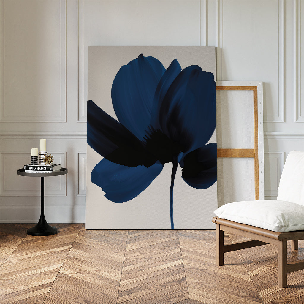 Midnight Petal Hush – blue botanical canvas wall art print by Aspire Prints