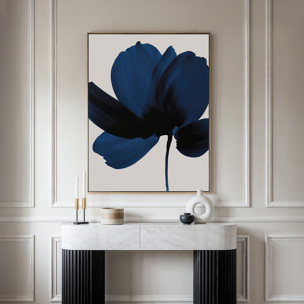 Midnight Petal Hush – blue botanical canvas wall art print by Aspire Prints