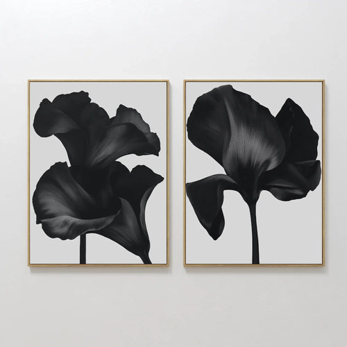 Midnight Petals in Bloom – Set of 2 Canvas Prints set of 2 – black botanical canvas wall art by Aspire Prints