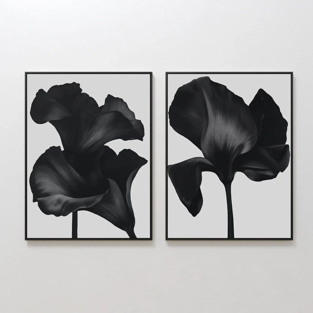 Midnight Petals in Bloom – Set of 2 Canvas Prints set of 2 – black botanical canvas wall art by Aspire Prints