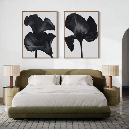 Midnight Petals in Bloom – Set of 2 Canvas Prints set of 2 – black botanical canvas wall art by Aspire Prints