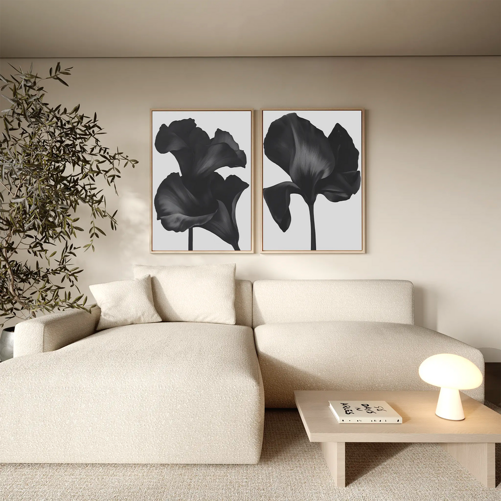 Midnight Petals in Bloom – Set of 2 Canvas Prints set of 2 – black botanical canvas wall art by Aspire Prints