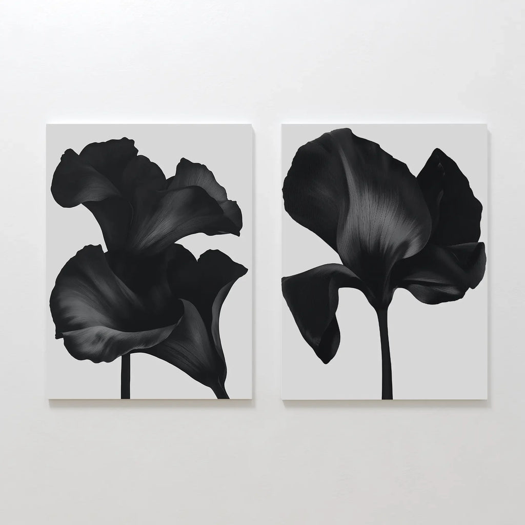 Midnight Petals in Bloom – Set of 2 Canvas Prints set of 2 – black botanical canvas wall art by Aspire Prints