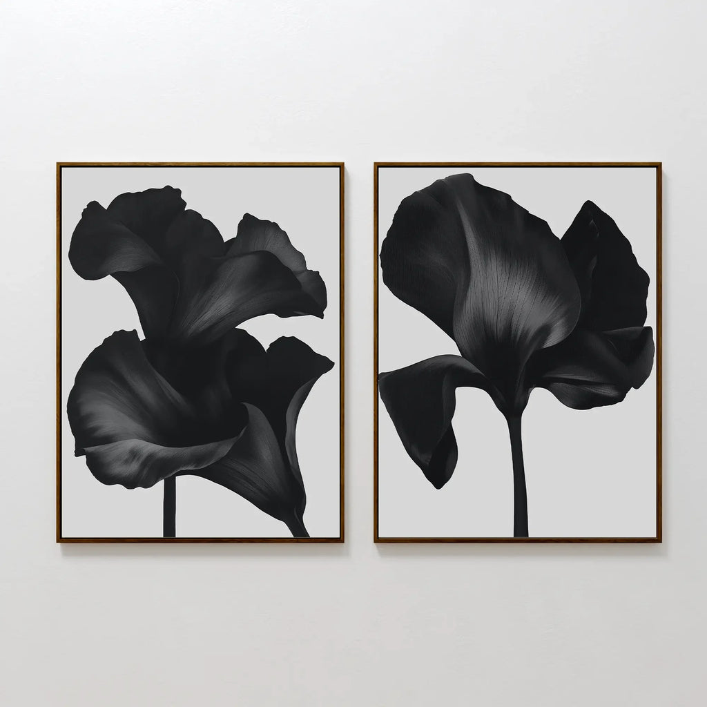 Midnight Petals in Bloom – Set of 2 Canvas Prints set of 2 – black botanical canvas wall art by Aspire Prints