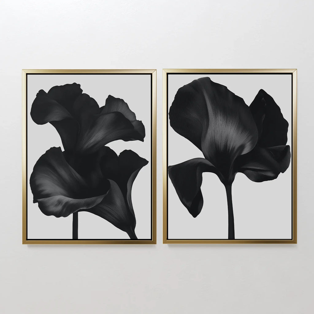 Midnight Petals in Bloom – Set of 2 Canvas Prints set of 2 – black botanical canvas wall art by Aspire Prints