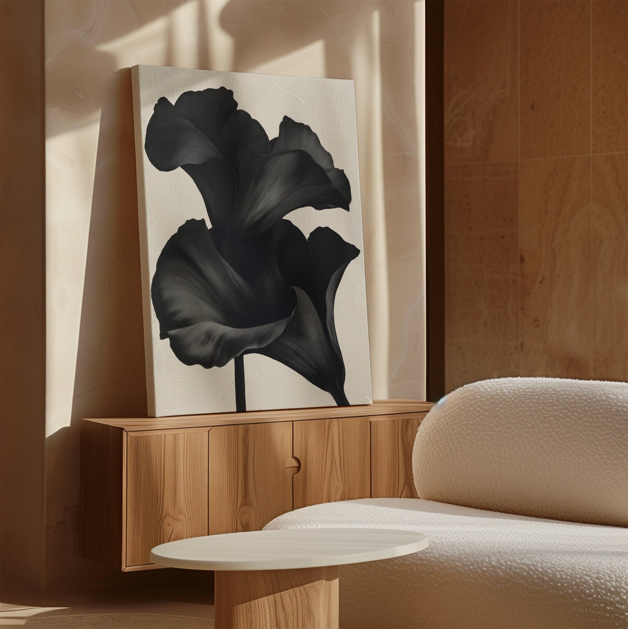 Midnight Petal Whisper – black botanical canvas wall art print by Aspire Prints