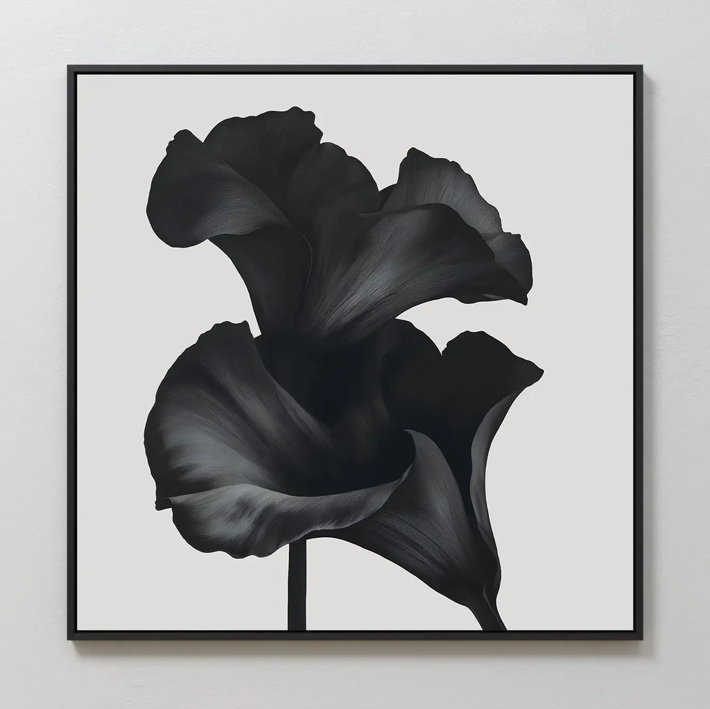Midnight Petal Whisper – black and white botanical canvas wall art print by Aspire Prints