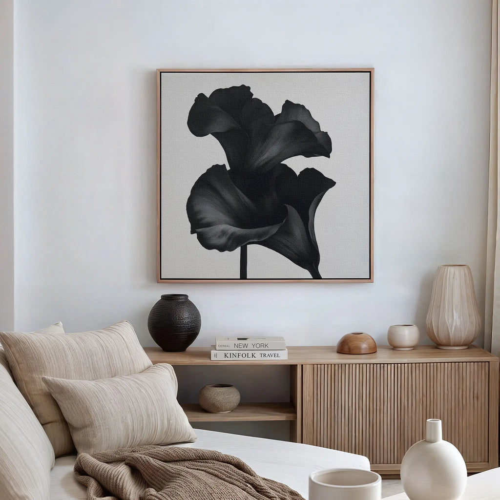Midnight Petal Whisper – black and white botanical canvas wall art print by Aspire Prints