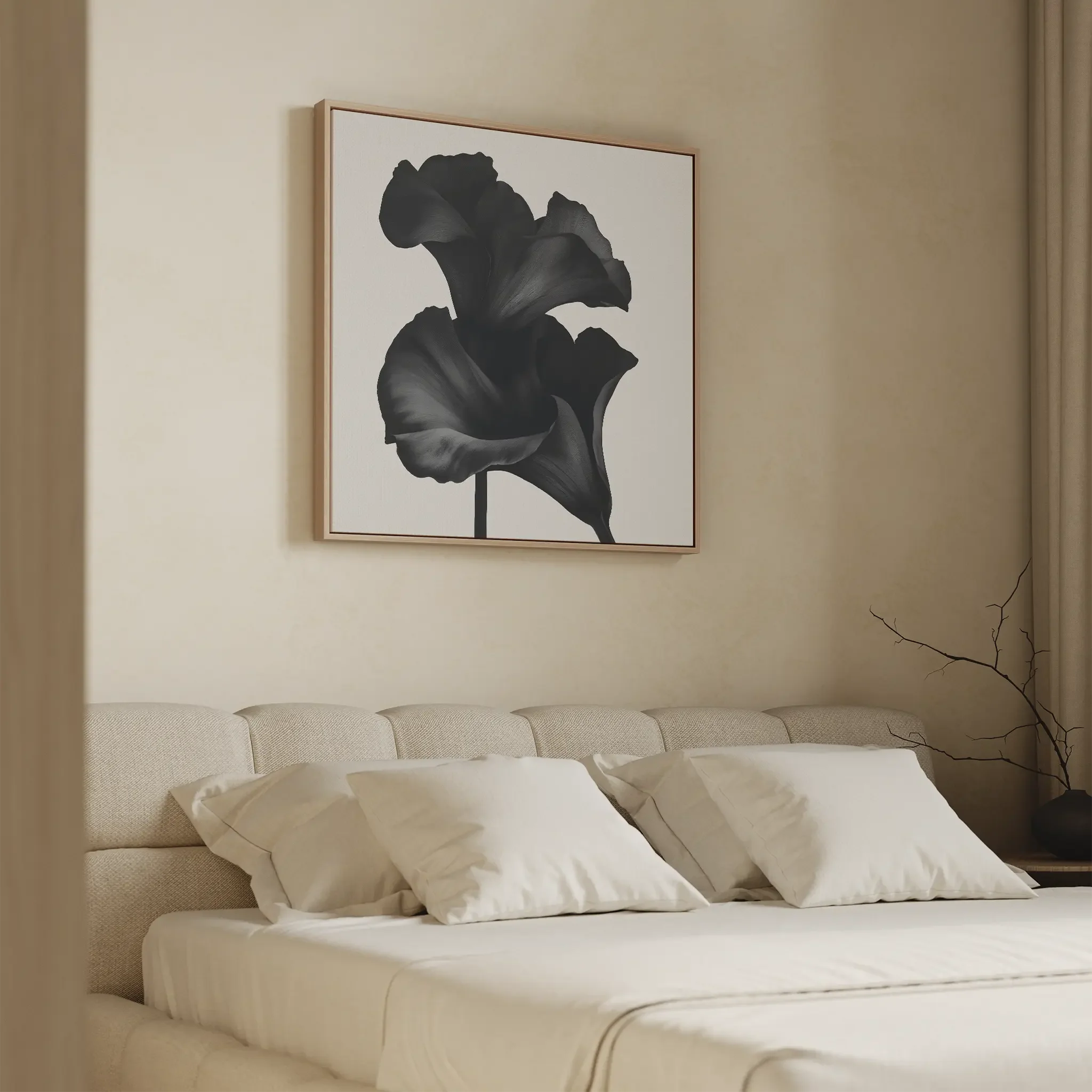 Midnight Petal Whisper – black and white botanical canvas wall art print by Aspire Prints