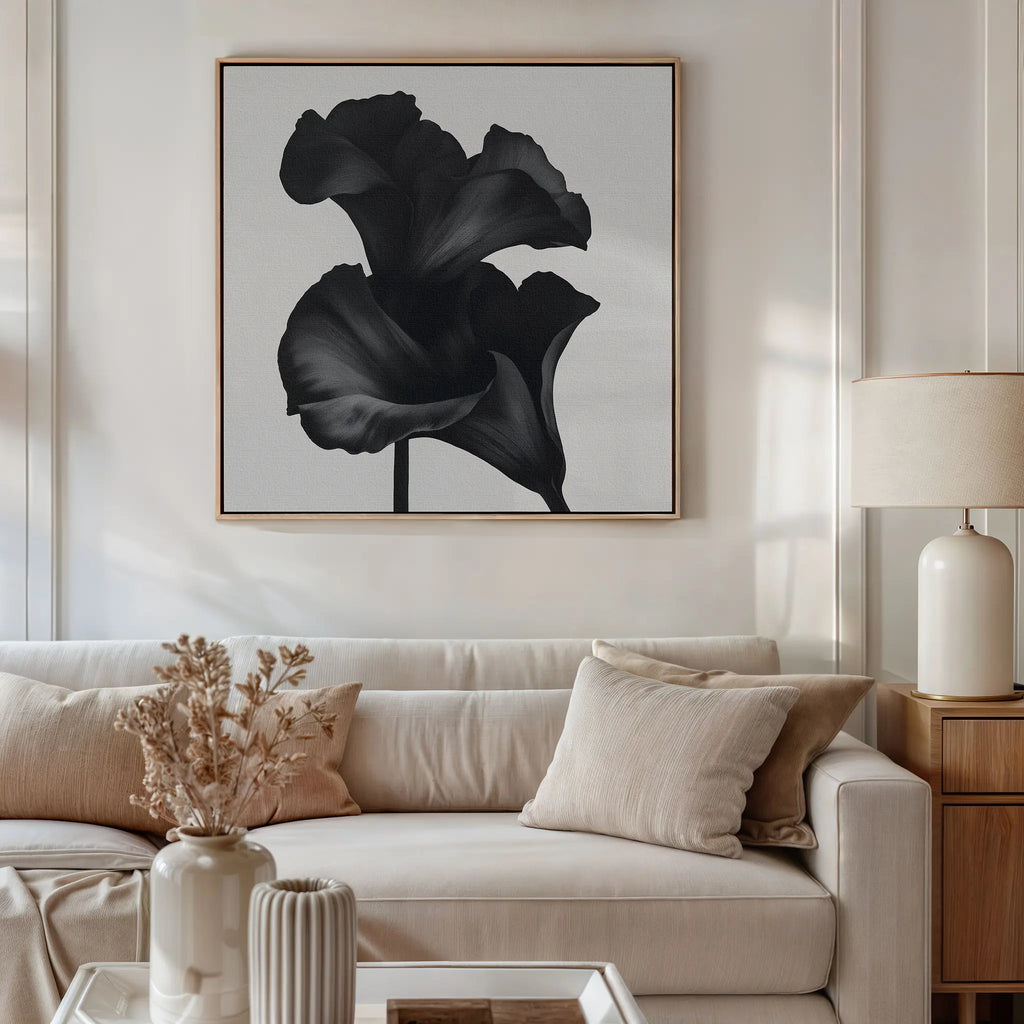 Midnight Petal Whisper – black and white botanical canvas wall art print by Aspire Prints