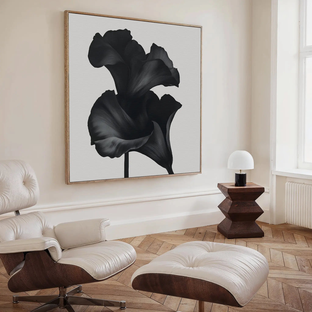Midnight Petal Whisper – black and white botanical canvas wall art print by Aspire Prints