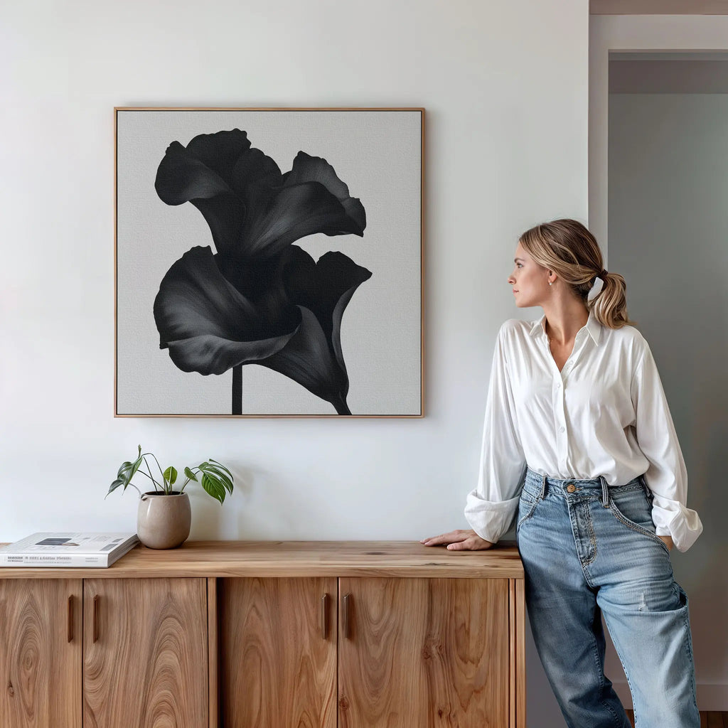 Midnight Petal Whisper – black and white botanical canvas wall art print by Aspire Prints