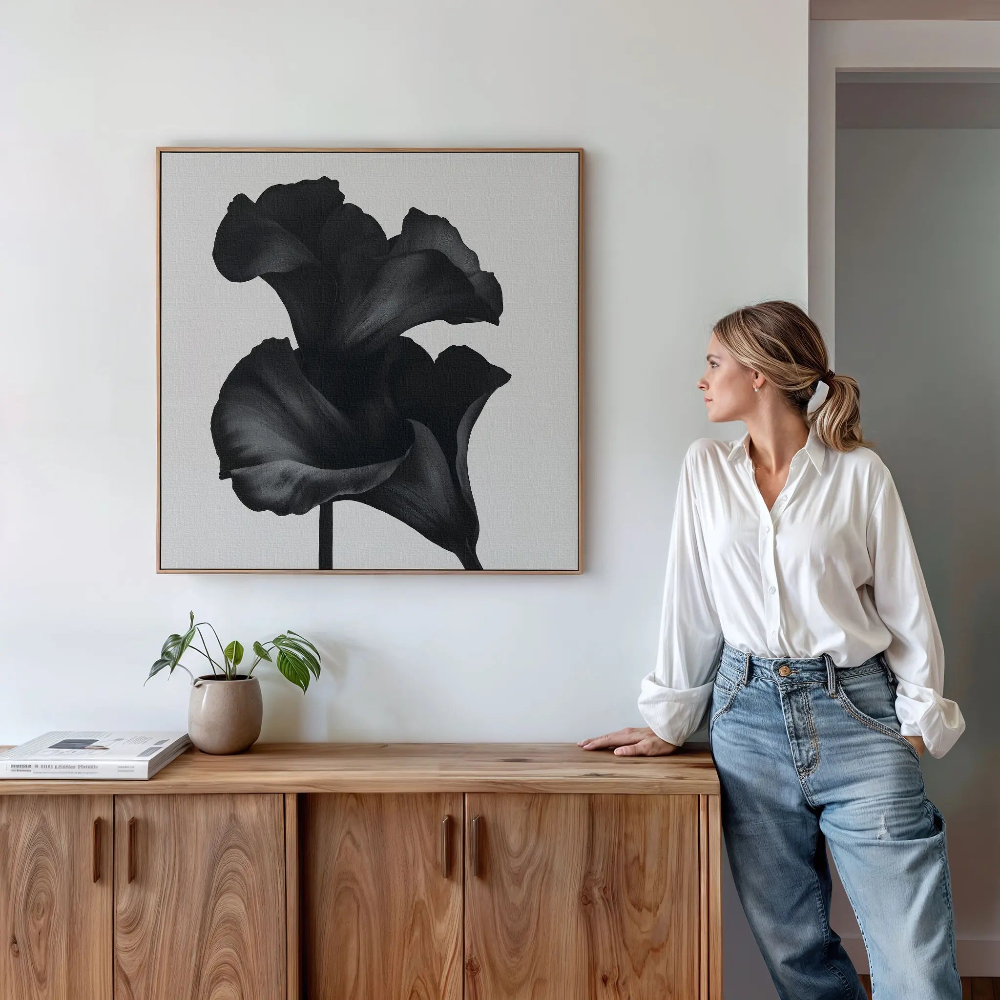Midnight Petal Whisper – black and white botanical canvas wall art print by Aspire Prints