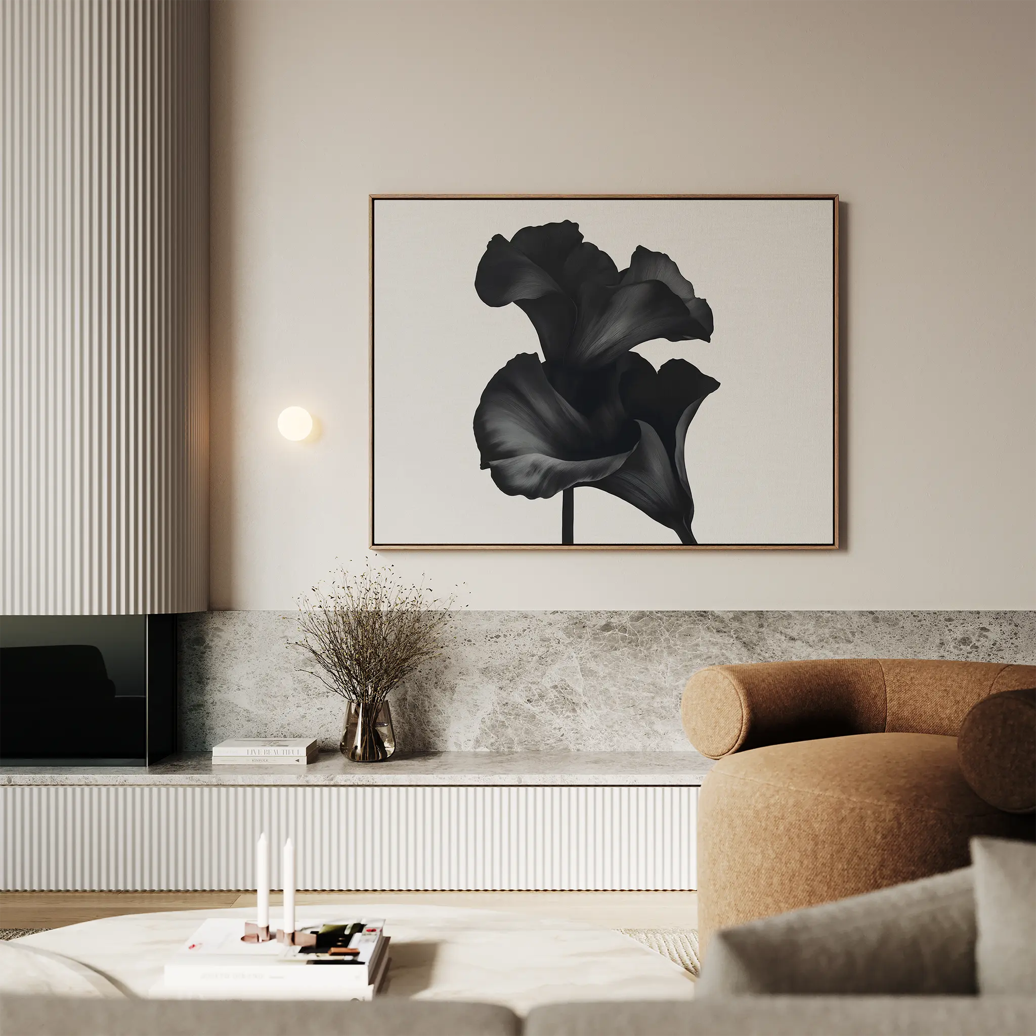 Whispers in Black Bloom – black and white botanical canvas wall art print by Aspire Prints