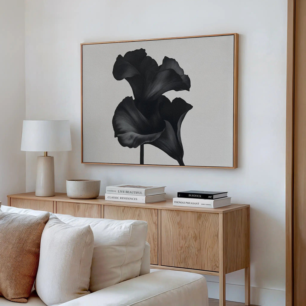 Whispers in Black Bloom – black and white botanical canvas wall art print by Aspire Prints