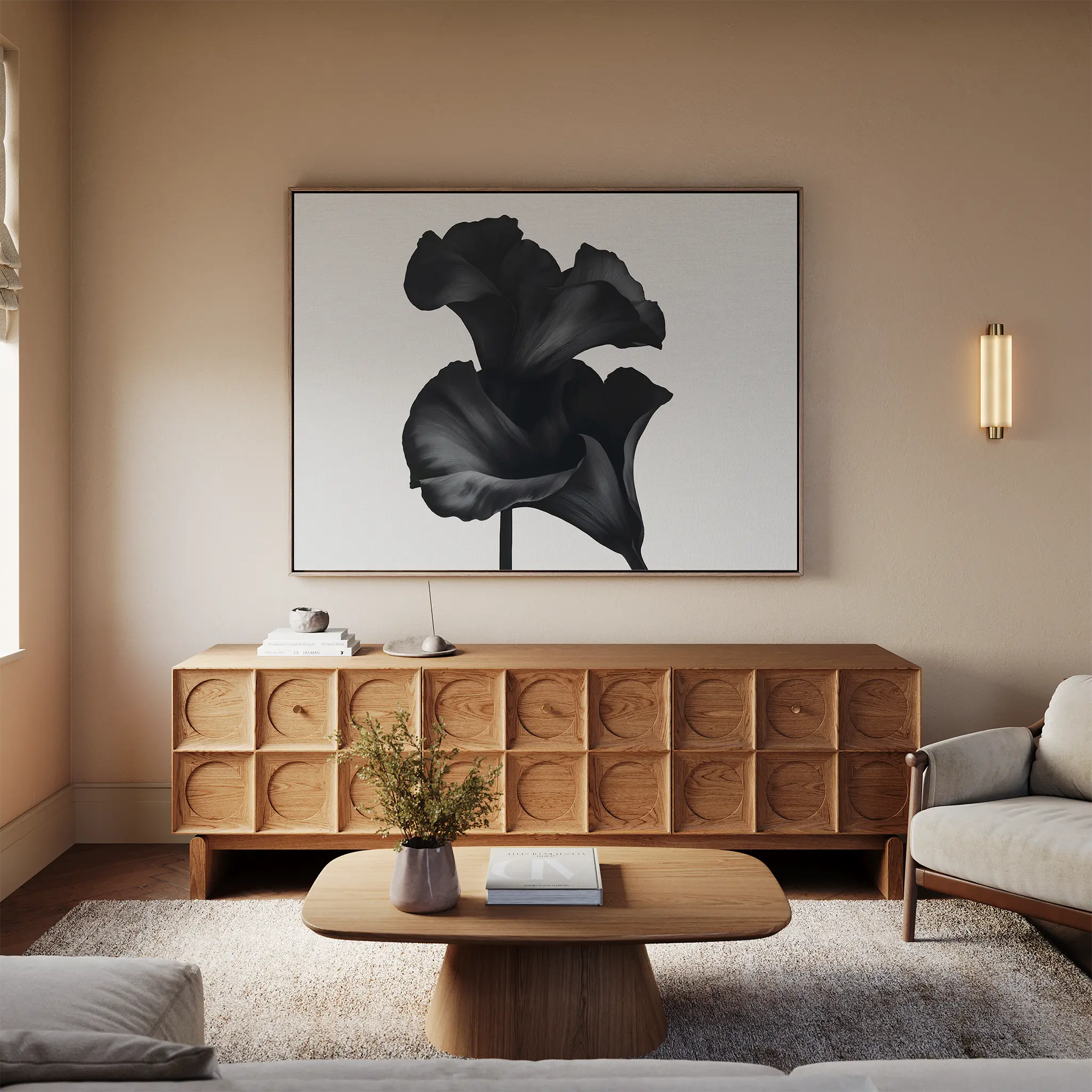 Whispers in Black Bloom – black and white botanical canvas wall art print by Aspire Prints
