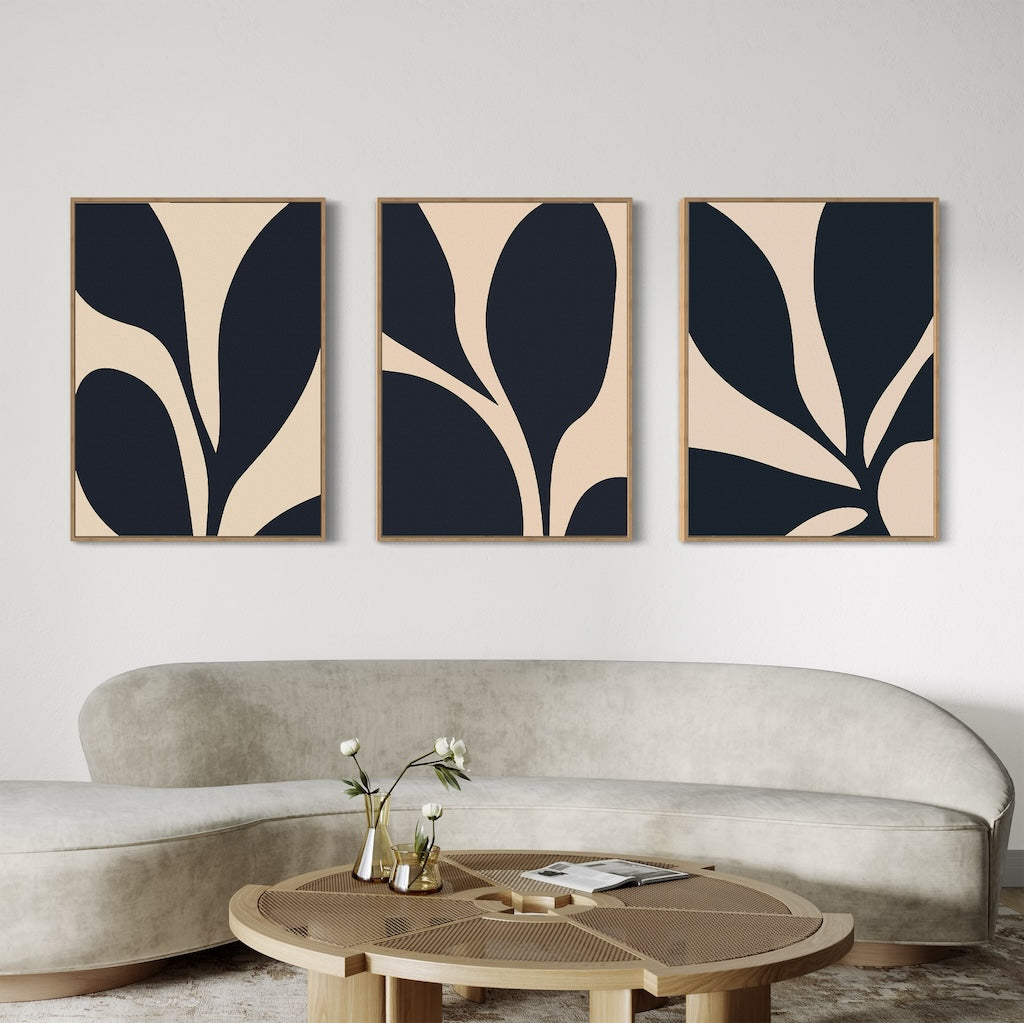 Midnight Petals in Triptych – Set of 3 Canvas Prints set of 3 – blue botanical canvas wall art by Aspire Prints