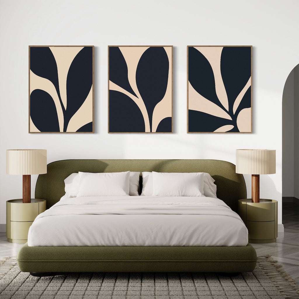 Midnight Petals in Triptych – Set of 3 Canvas Prints set of 3 – blue botanical canvas wall art by Aspire Prints