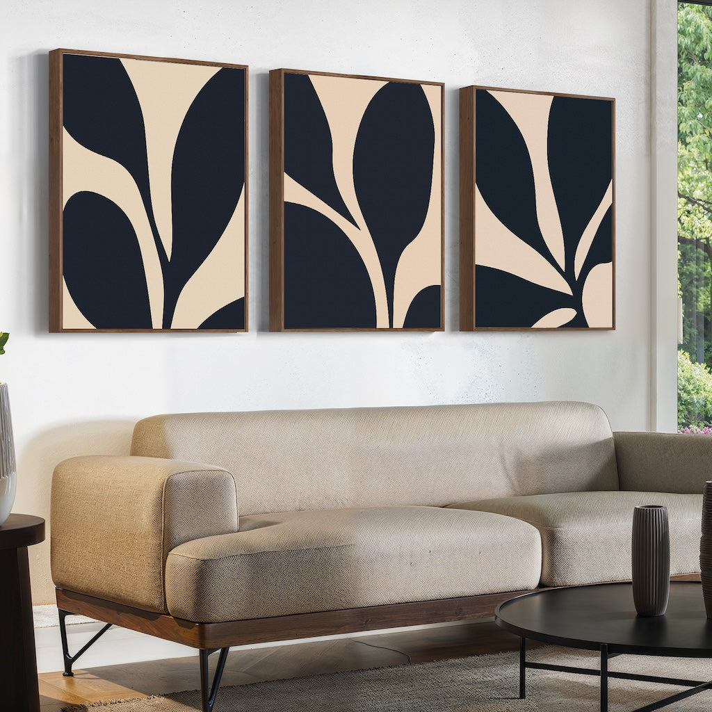 Midnight Petals in Triptych – Set of 3 Canvas Prints set of 3 – blue botanical canvas wall art by Aspire Prints