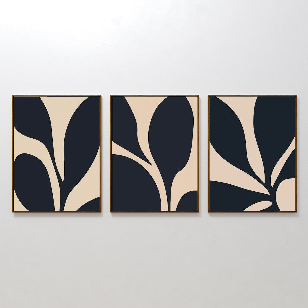 Midnight Petals in Triptych – Set of 3 Canvas Prints set of 3 – blue botanical canvas wall art by Aspire Prints