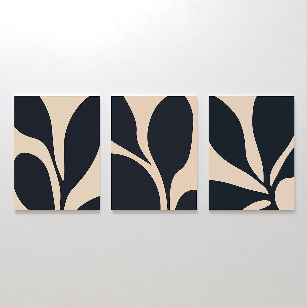 Midnight Petals in Triptych – Set of 3 Canvas Prints set of 3 – blue botanical canvas wall art by Aspire Prints