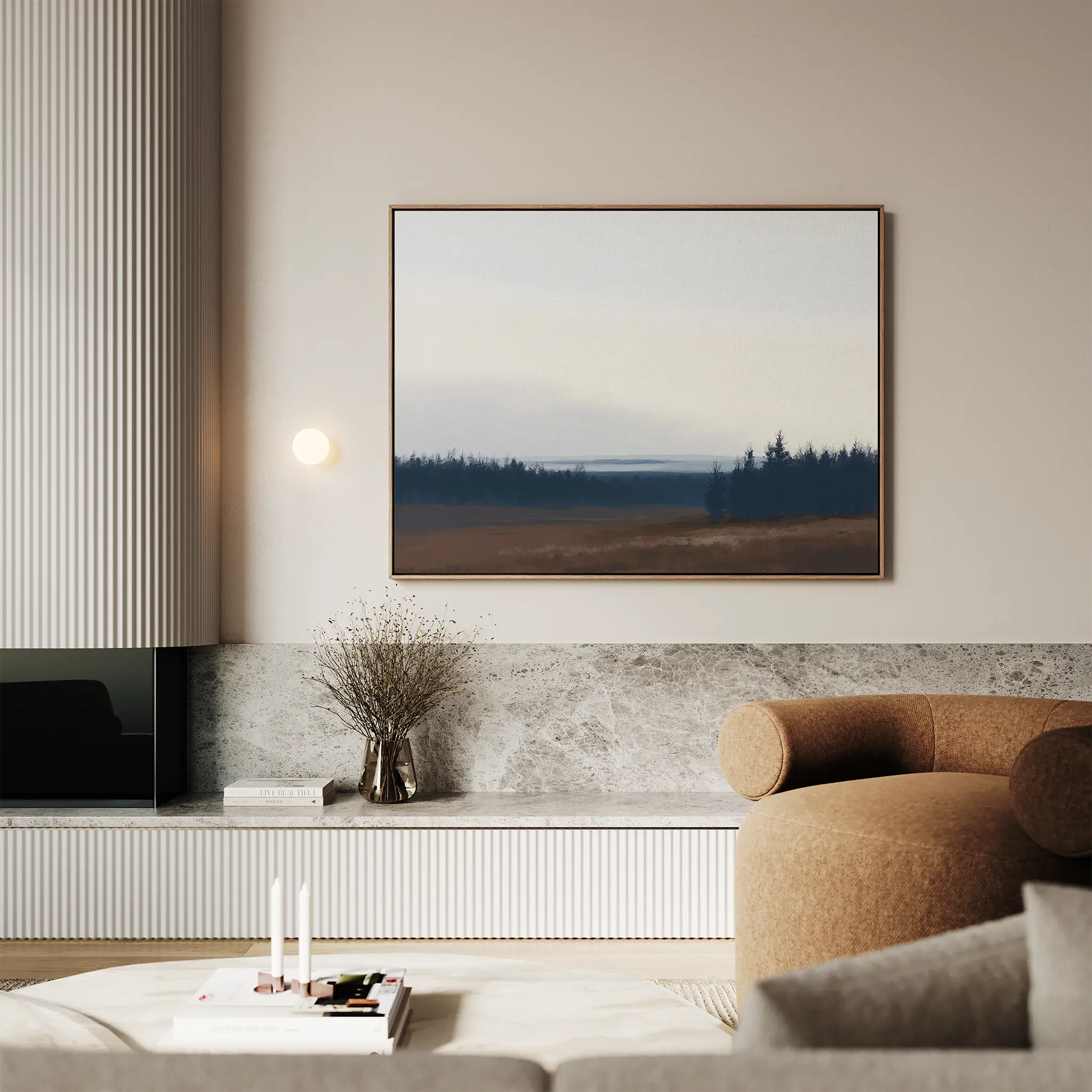 Whispering Pines at Dawn – blue vintage canvas wall art print by Aspire Prints